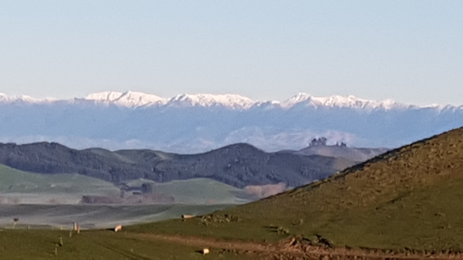Snow-capped ranges standing above rolling green farmland at first light