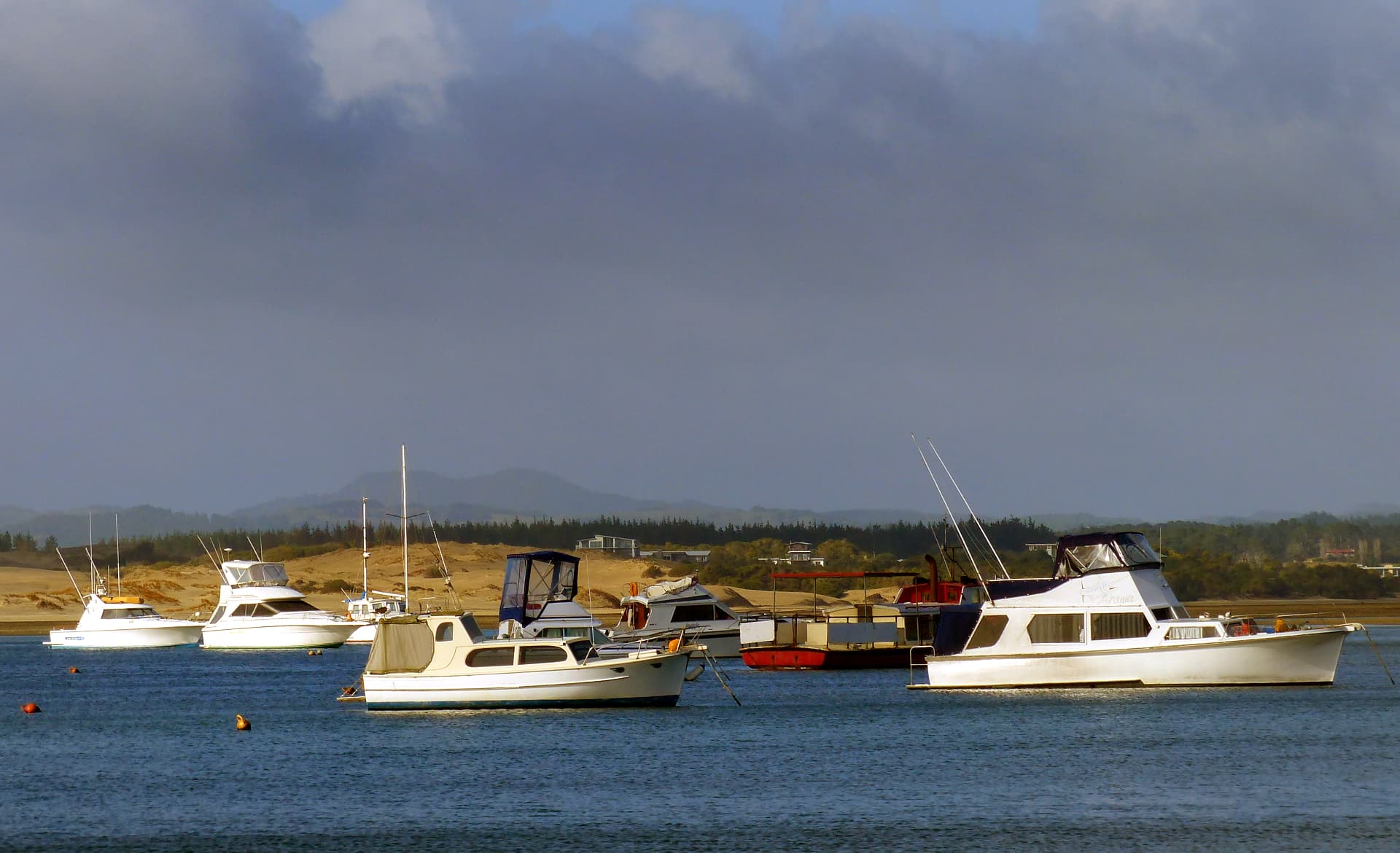 Working boats moored in a harbour estuary with dunes, plantings and low hills beyond