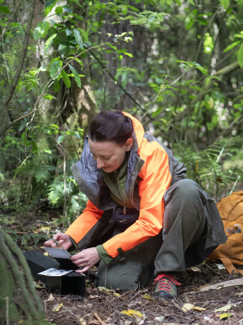 A worker inspecting a tracking card beside a tunnel