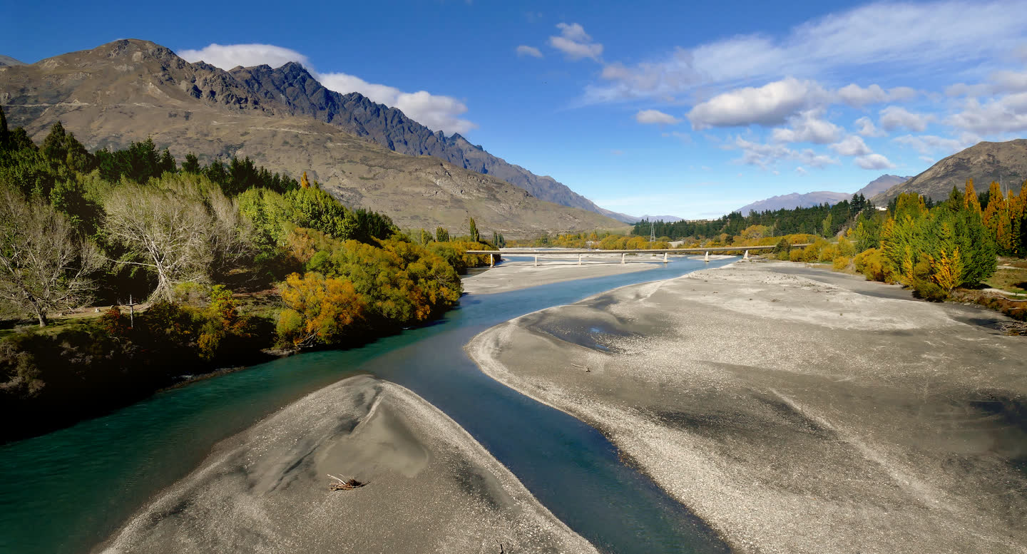 The Lower Shotover River between gravel banks and planted margins